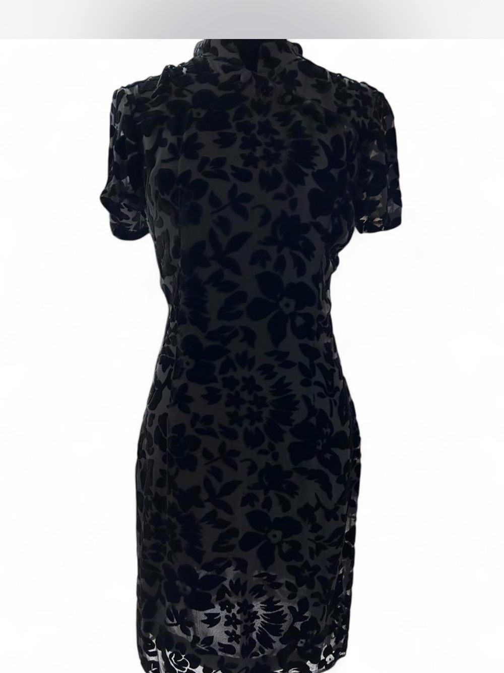 Vintage Black Floral Velvet Mini Dress - Elegant Short Sleeve